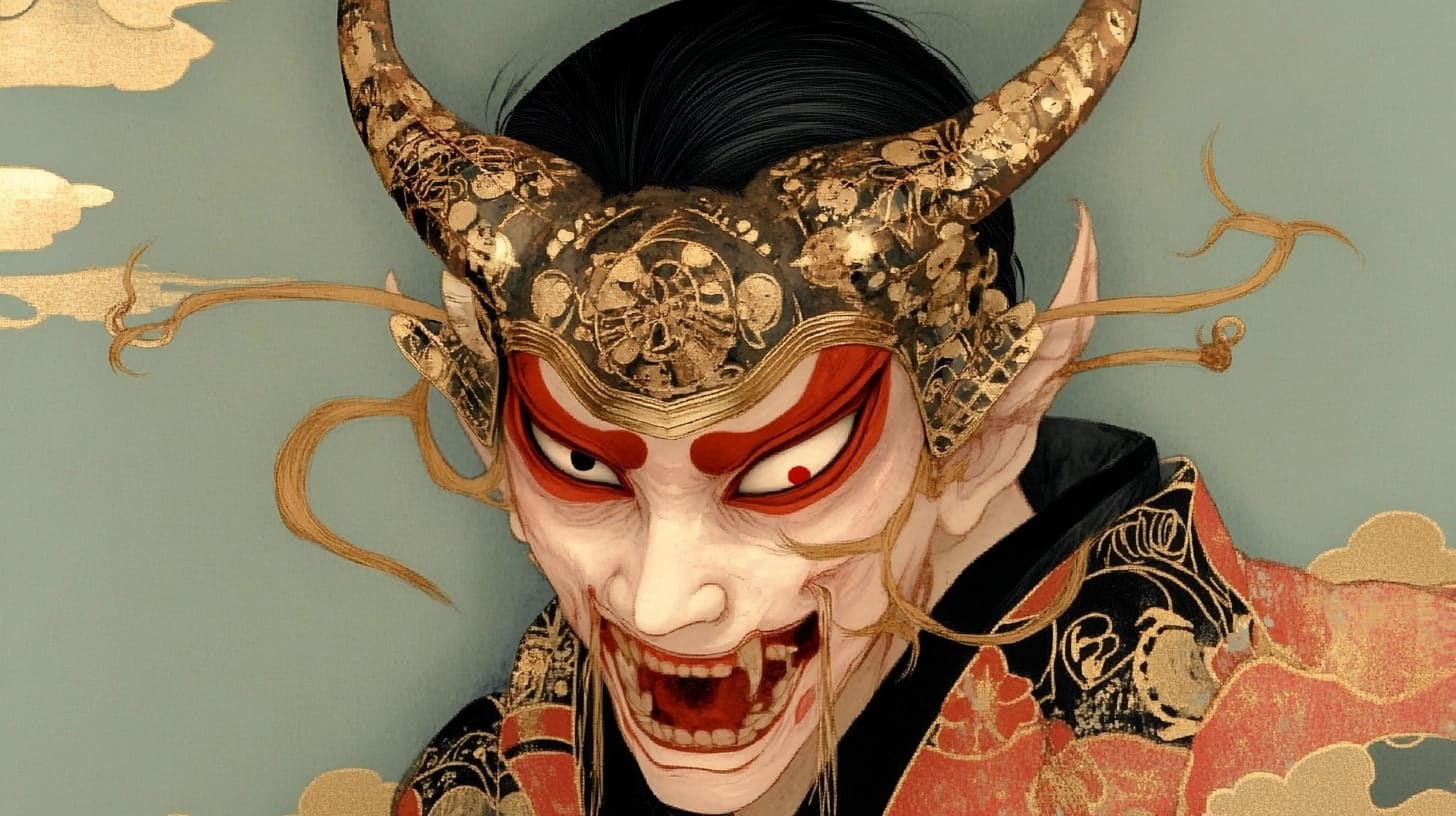 Masque Noh Hannya - signé (signature non identifiée) - Japon | Paul Bert Serpette