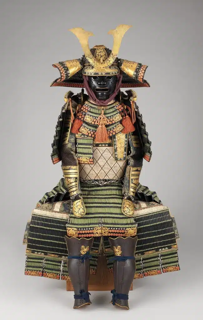 Une armure traditionnelle japonaise complète (Yoroi), accompagnée de son masque facial (Menpō), se distingue par son élégance et sa finesse. Moins massive que les armures européennes du Moyen Âge, elle n’en demeure pas moins remarquable. Conçue avec un mélange raffiné de fer, de cuir, de soie et parfois ornée de détails dorés, cette pièce date de l’époque Edo (1615-1868).