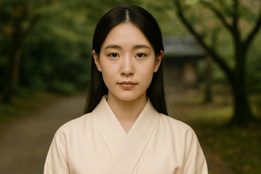 l’image réaliste représentant une jeune fille noble et discrète de la société japonaise, parfaite pour illustrer le masque Koomote.