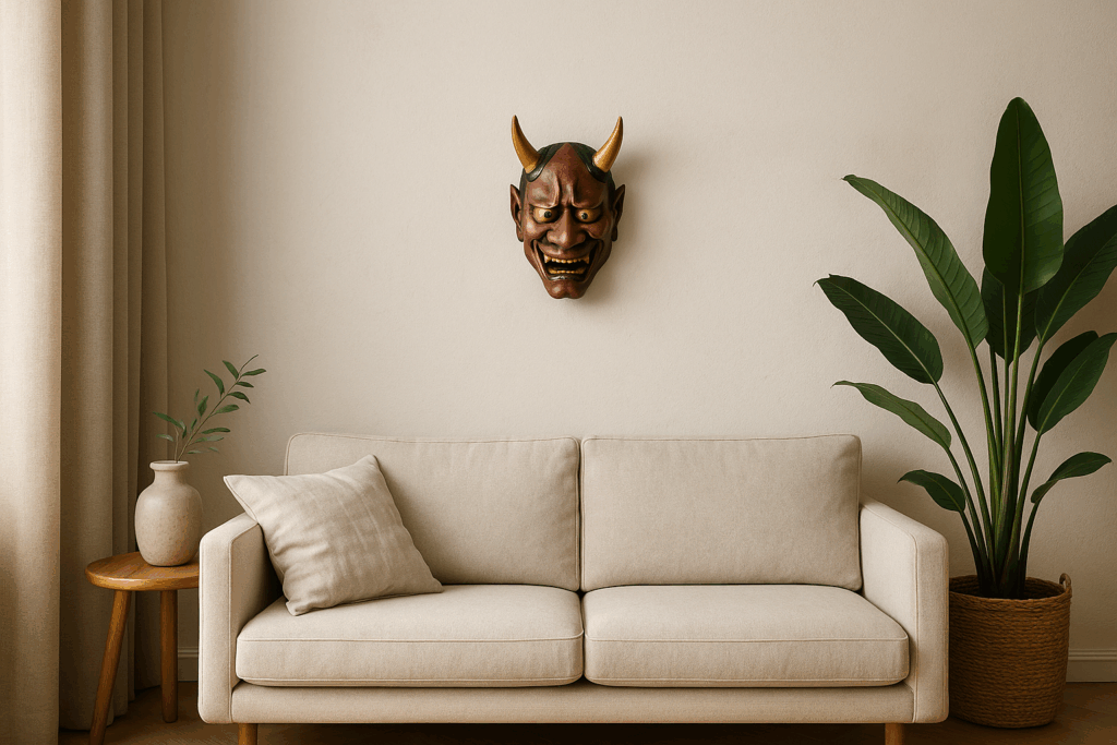 reproductions de Menpō sont utilisées comme décorations d’intérieur