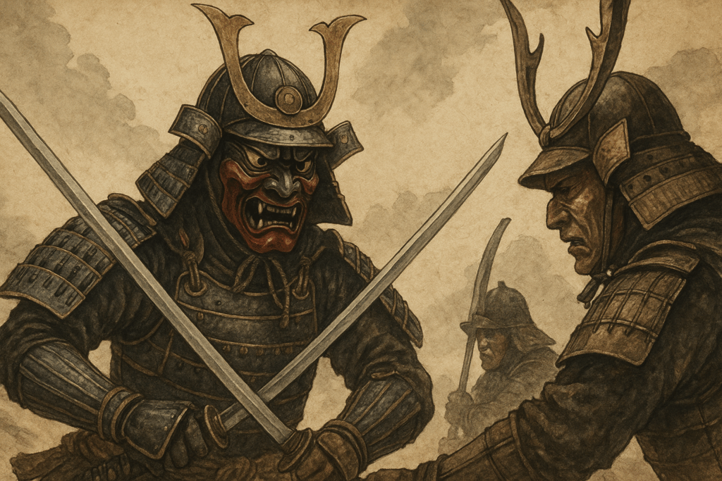 Illustration historique réaliste de deux samouraïs en armure, l’un portant un masque oni rouge et noir, engagés dans un duel au katana.