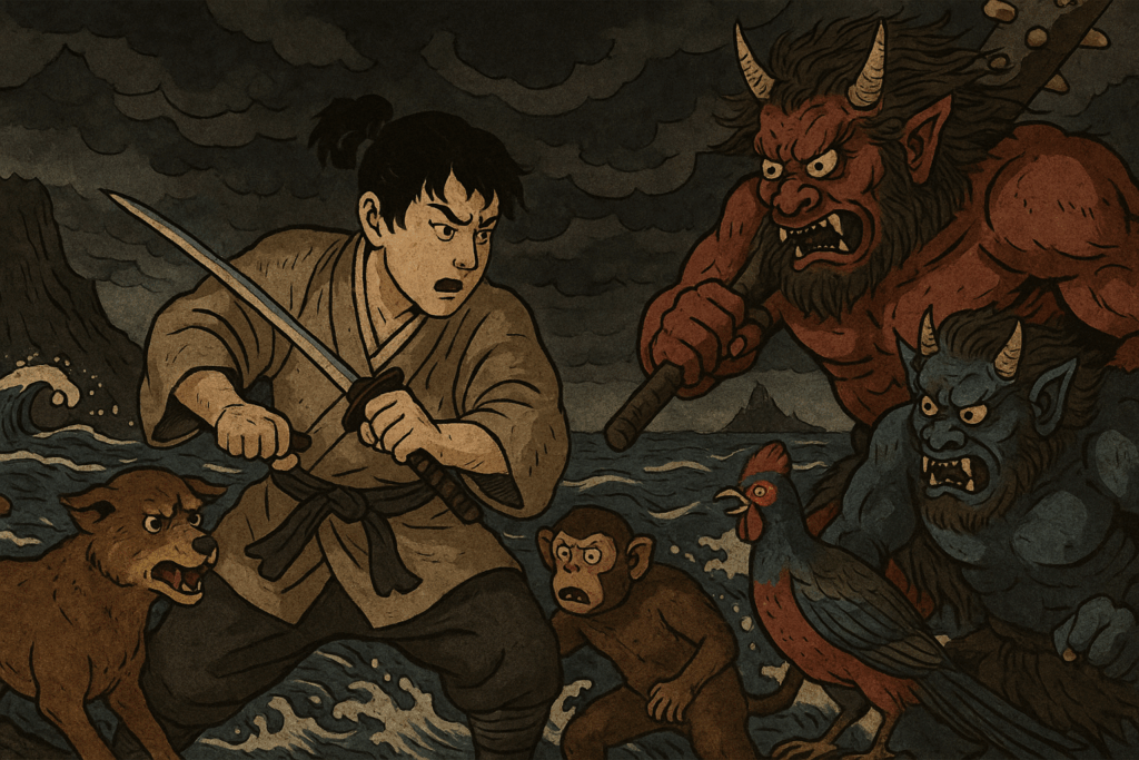 Momotarō en plein combat contre les Oni d’Onigashima