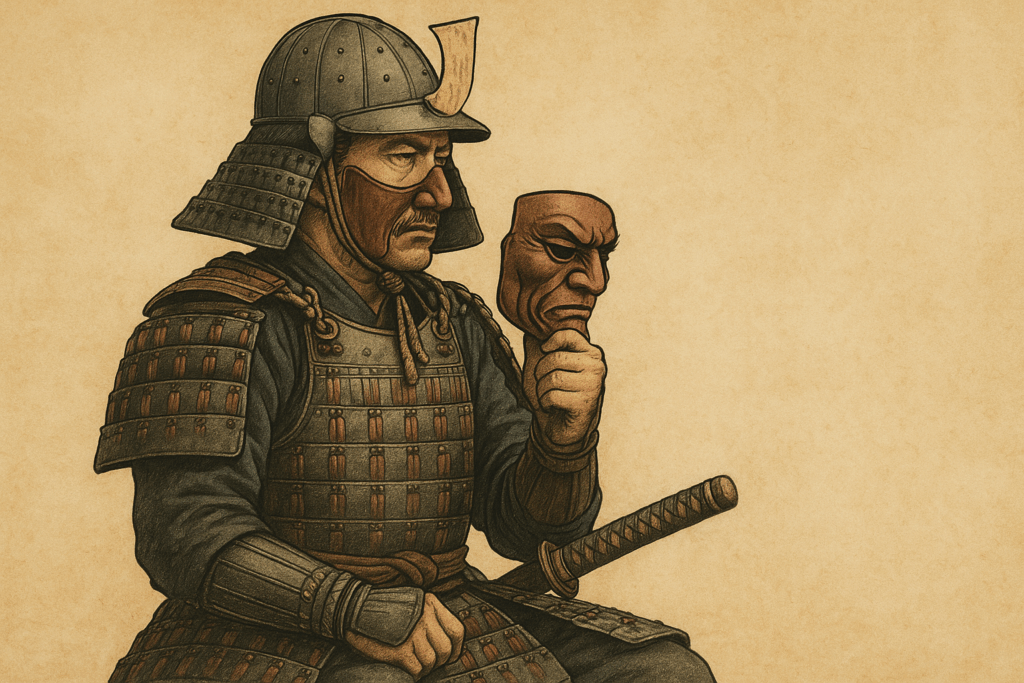 Illustration réaliste d’un samouraï en armure traditionnelle, portant un hanbō et tenant un masque retiré dans sa main, représentant la dualité entre guerre et sagesse.