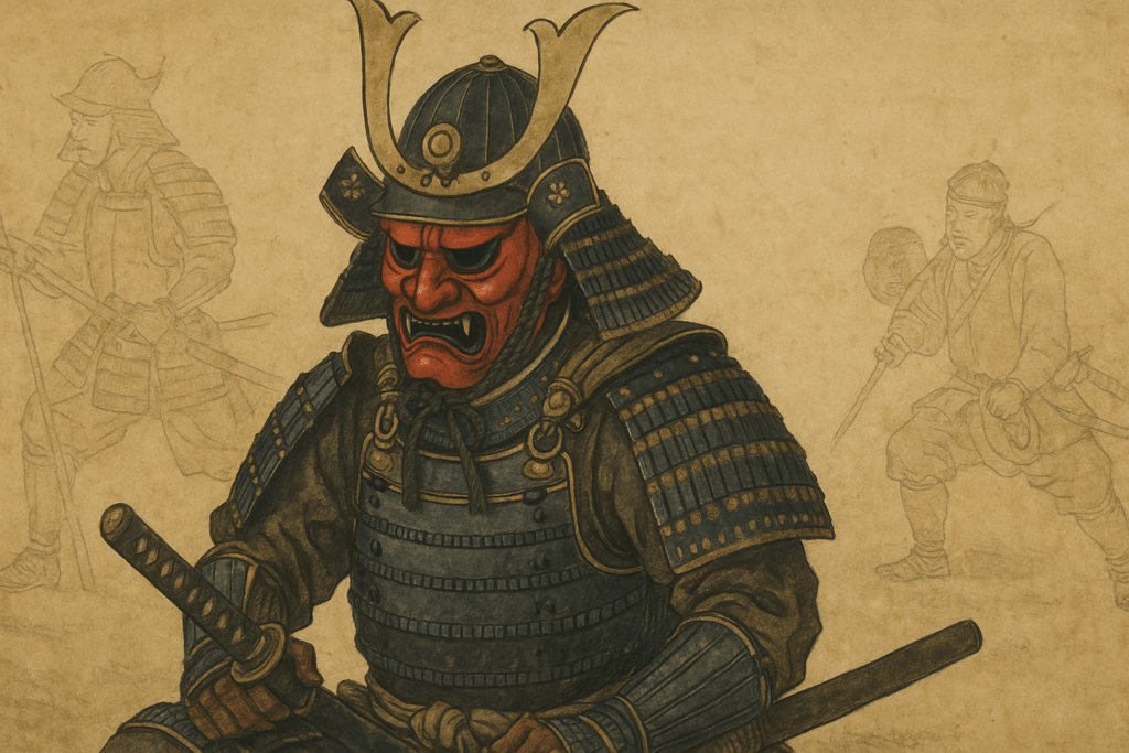 Illustration historique réaliste d’un samouraï en armure avec un masque de combat rouge menpō, inspiré des traditions japonaises.