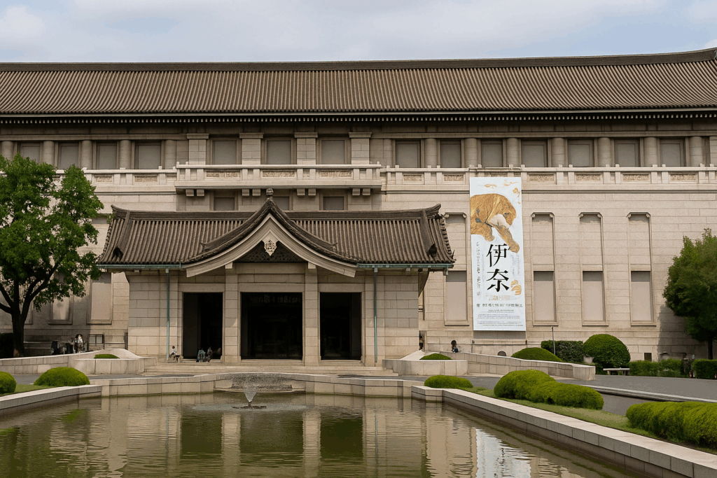 Vue extérieure réaliste du Tokyo National Museum au Japon, bâtiment traditionnel entouré de verdure