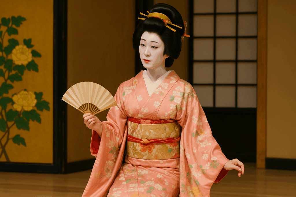 Wakaonna en costume complet, sur scène avec un décor traditionnel