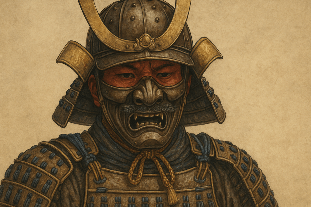 Illustration réaliste d’un samouraï en armure traditionnelle, arborant un menpō métallique aux traits féroces, symbole d’intimidation et de prestige dans la culture guerrière japonaise.