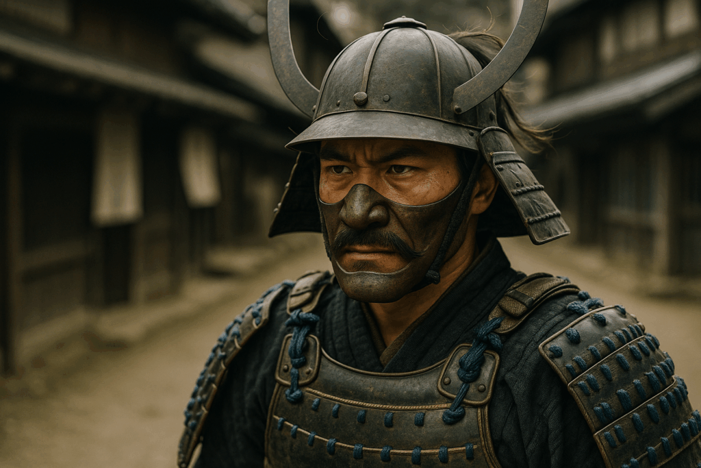 samouraï portant un Hanbō, en situation de bataille. e Hanbō (半頬) se distingue par sa simplicité et son efficacité. Masque partiel couvrant uniquement le menton et la mâchoire inférieure
