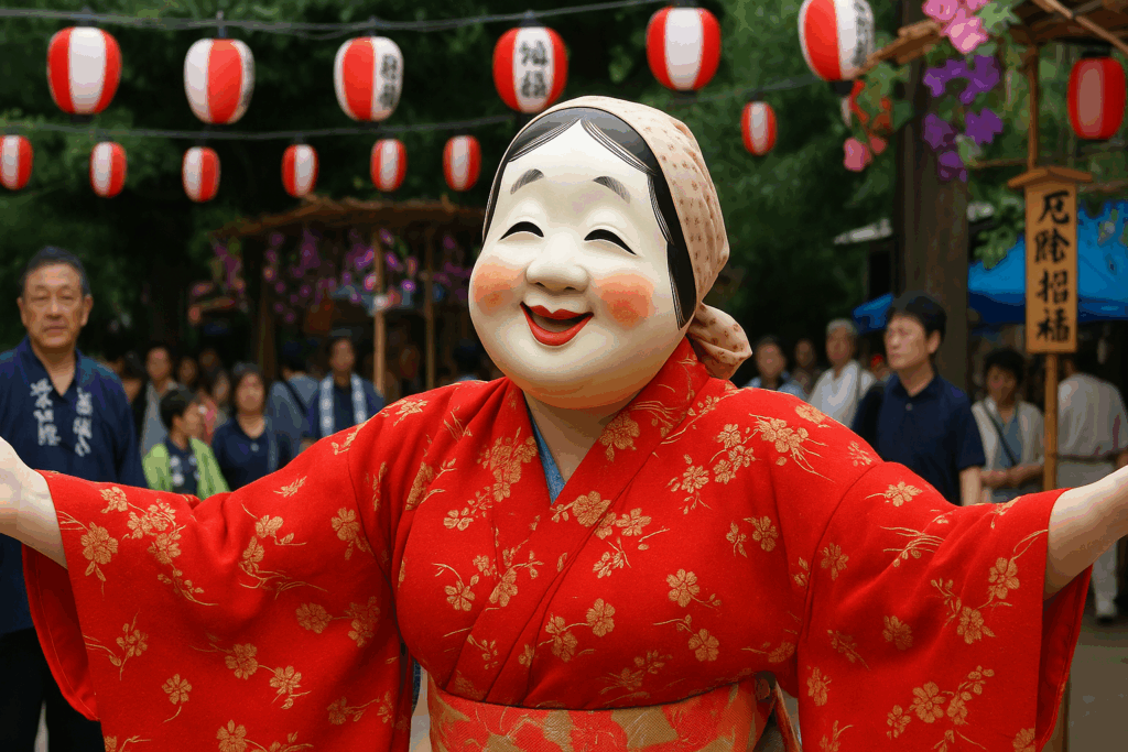 Personnage portant un masque traditionnel japonais d’Okame (Otafuku), vêtu d’un kimono rouge à motifs floraux, lors d’un festival en plein air décoré de lanternes rouges et blanches.