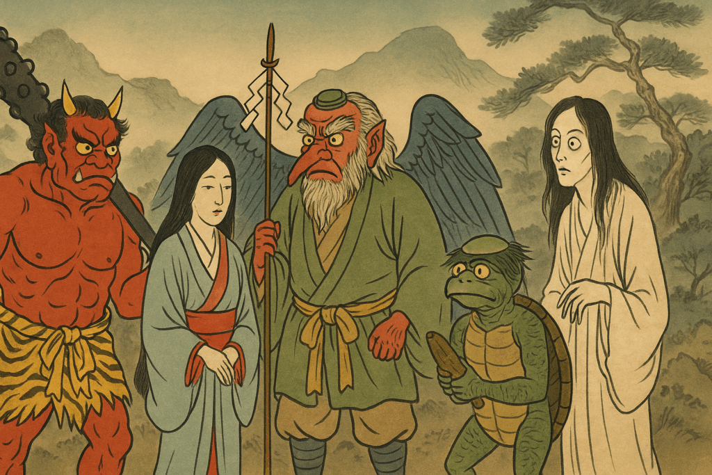 Illustration ukiyo-e montrant cinq yōkai japonais : un oni rouge avec une massue, un kitsune en femme, un tengu ailé, un kappa et un fantôme yūrei dans un décor de montagne.